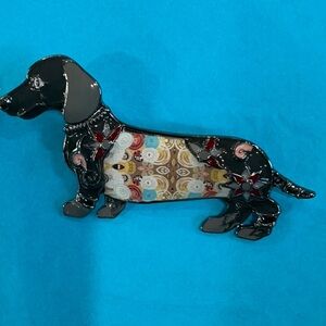Colorful Dachshund Dog brooch in black with various colors throughout. Adorable